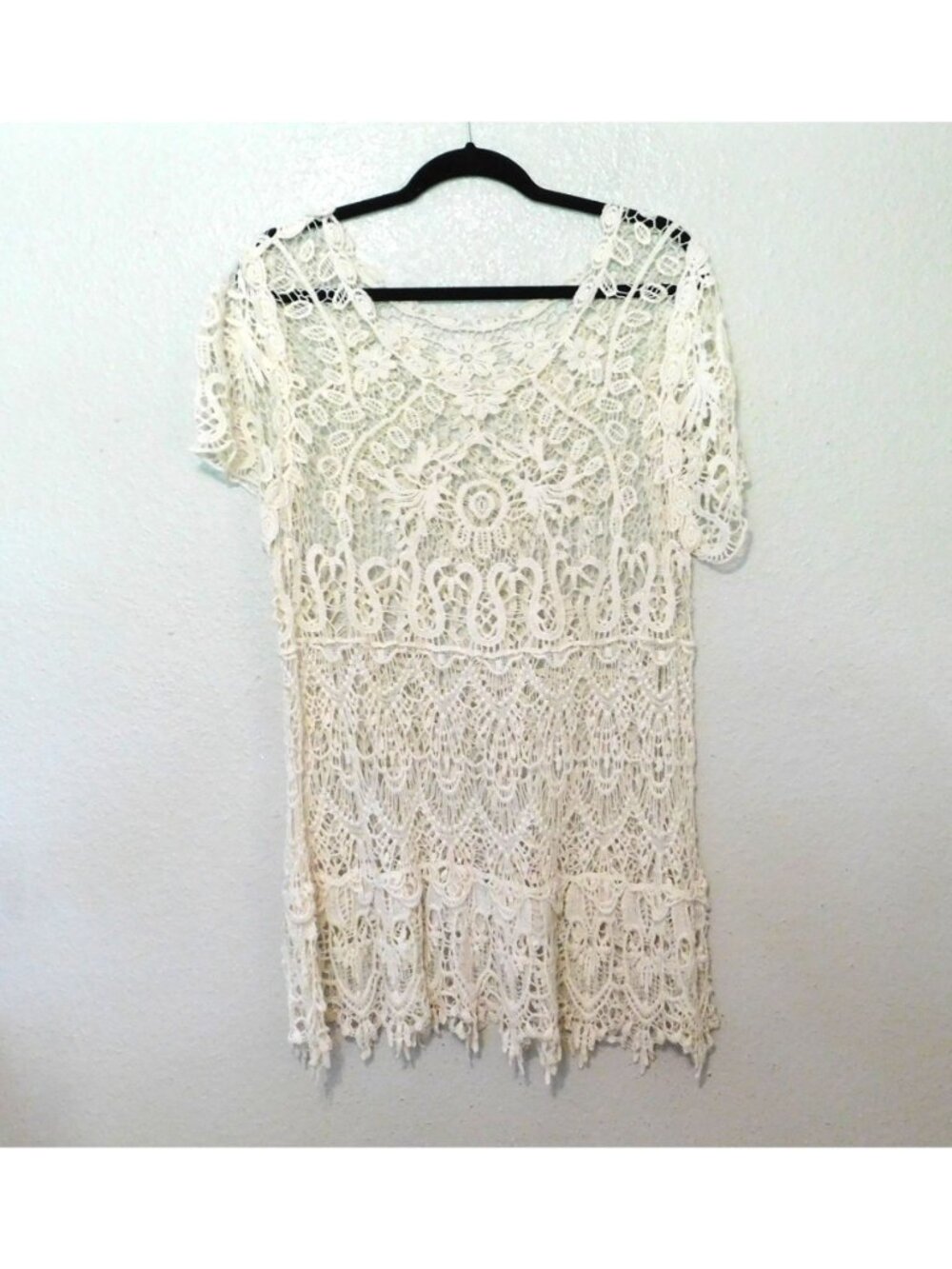 Crochet Lace Tunic Top Womens XL Cream Short Sleeves Boho Style - Picture 8 of 8